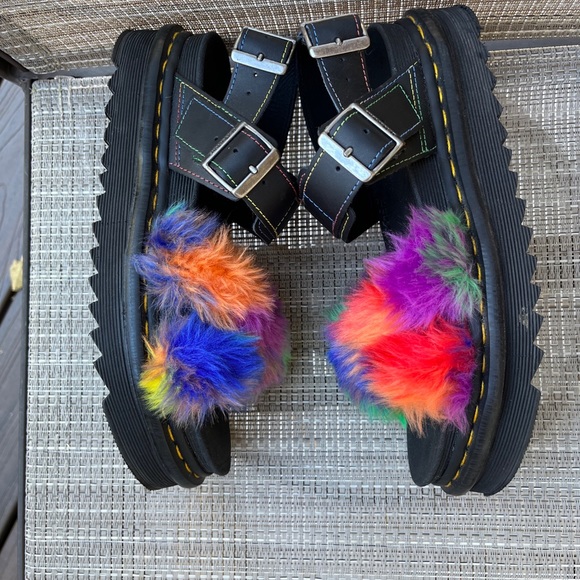 DR MARTEN LADIES BLACK VOSS II FLUFFY RAINBOW SOFTWAIR PLATFORM PRIDE SANDALS - Picture 4 of 16